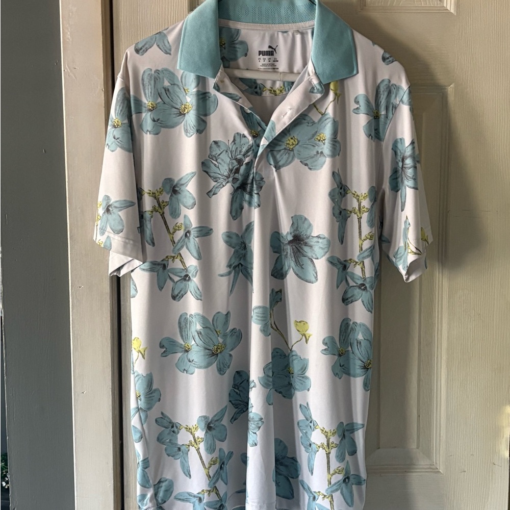 Puma Men's Polo Shirt - Blue Floral on White